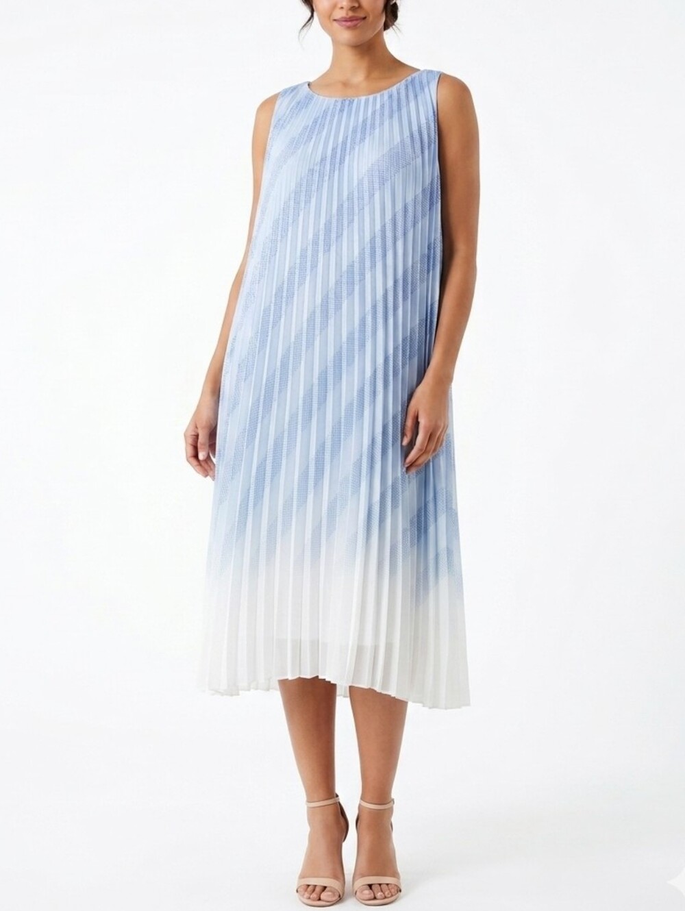 Vero Moda Mesh Light Blue & White Ombre Diagonal Pleated Midi Dress Size Medium